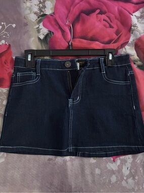 Dark Blue Denim Mini Skirt with Contrast Stitching
